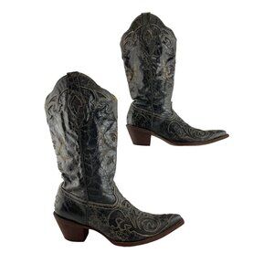 Ladies Corral Black Lizard Inlay Pointed Toe Western Cowgirl Boots Size 9.5 M